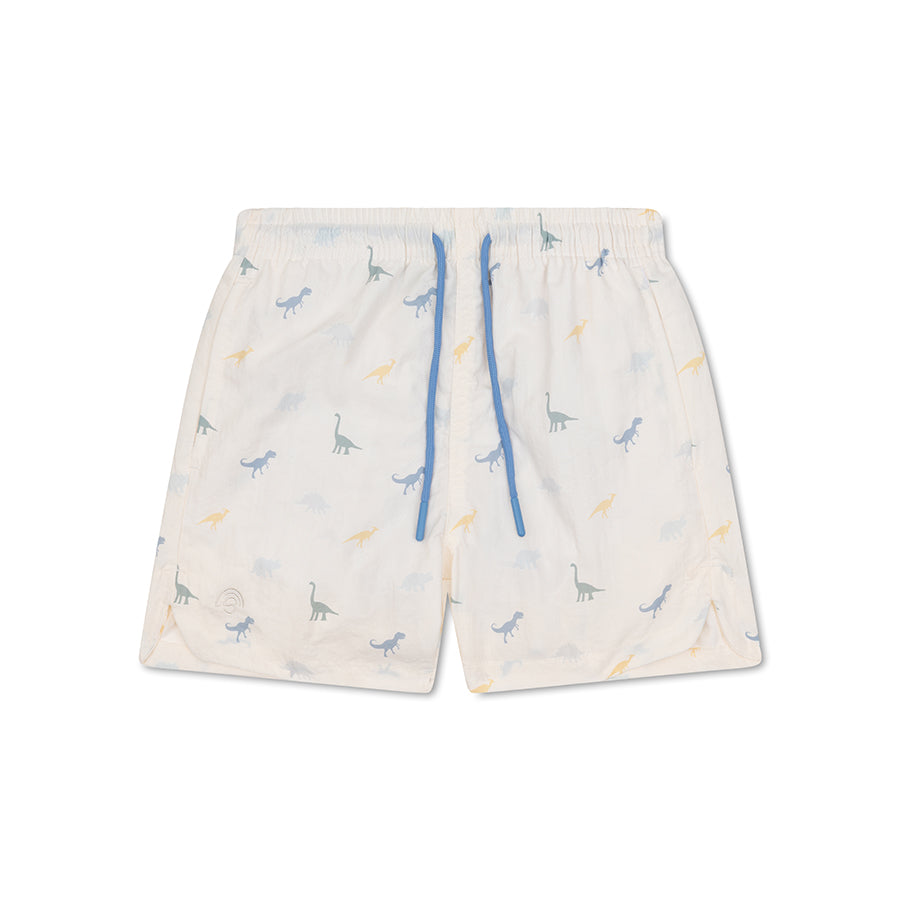 Children's swim shorts with dinosaur pattern on a white background