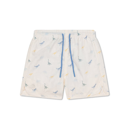 Children's swim shorts with dinosaur pattern on a white background