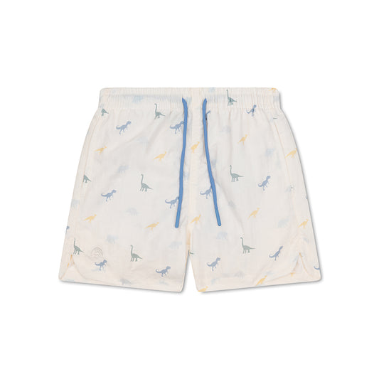Children's swim shorts with dinosaur pattern on a white background