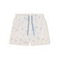 Children's swim shorts with dinosaur pattern on a white background