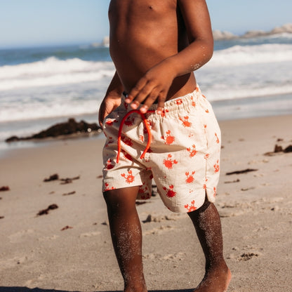 A child wearing beige swim shorts with a crab print on a beach with ocean waves in the background