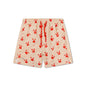 Beige swim shorts with red crab pattern on a white background