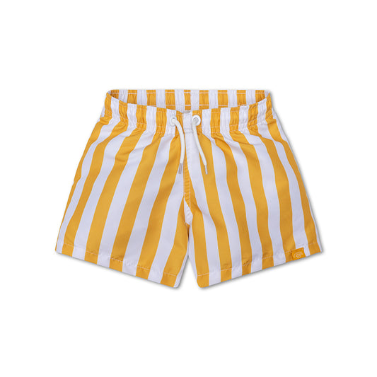 Yellow and white striped swim shorts on a white background