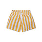 Yellow and white striped swim shorts on a white background