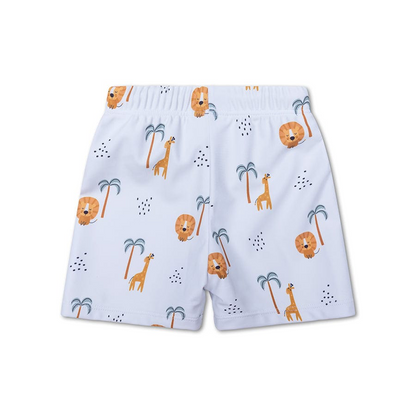 The back of white swim shorts with a jungle print on an white background