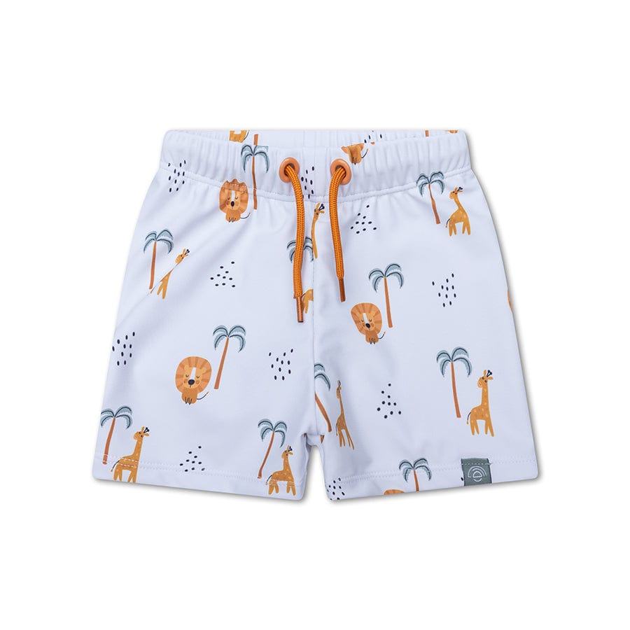 Children's swim shorts with jungel pattern on a white background