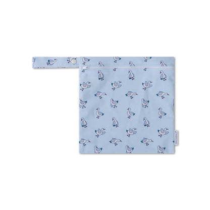 Light blue pouch with bird pattern on a white background