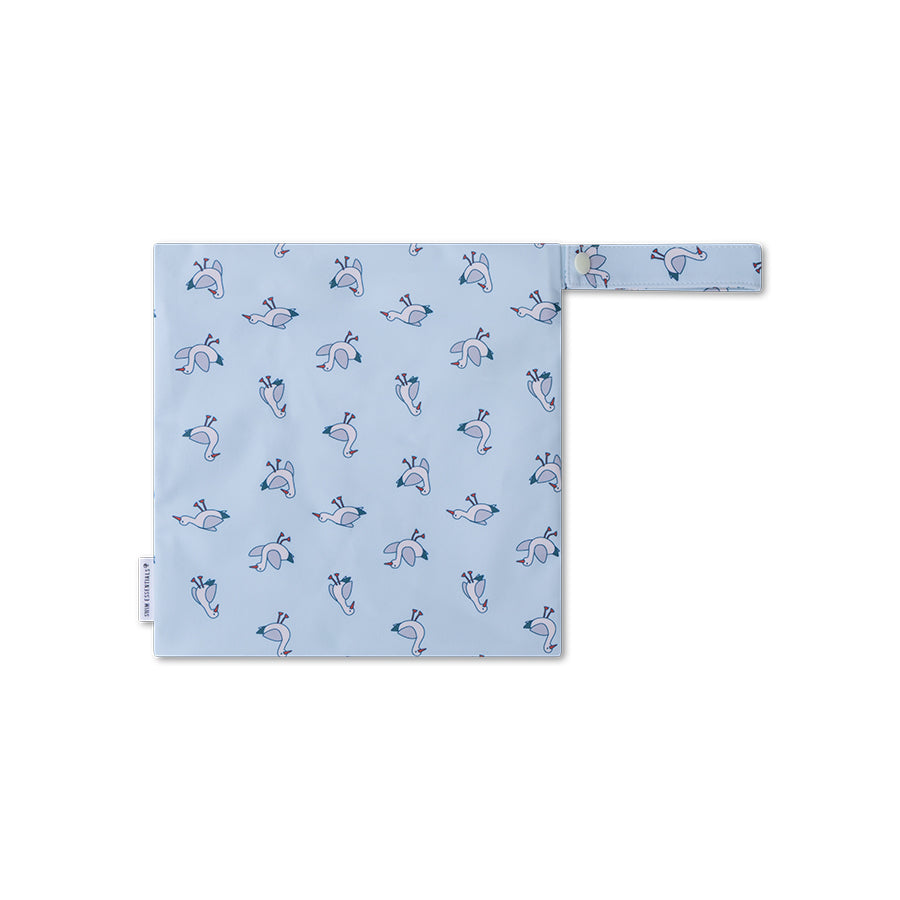 Light blue pouch with seagull pattern on a white background