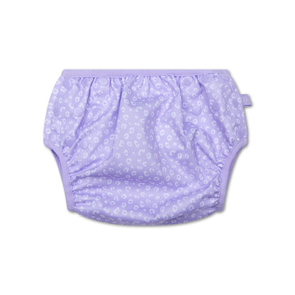 Purple swim diaper with white leopard pattern on a white background