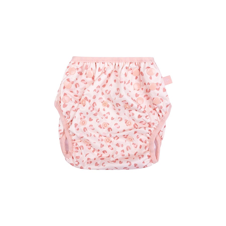 Pink swim diaper with leopard pattern on a white background