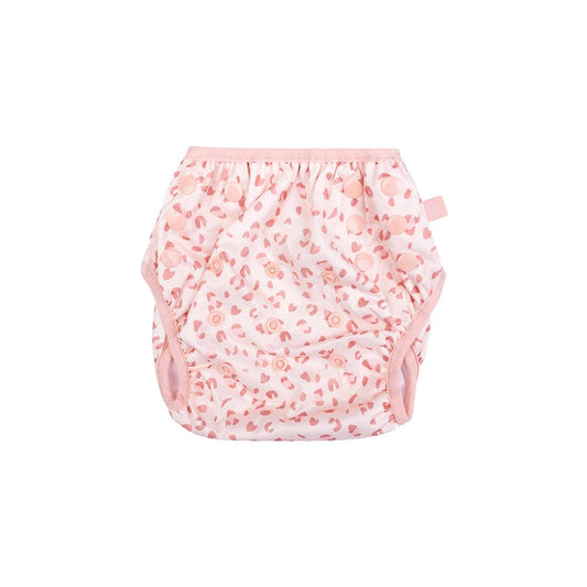 Pink swim diaper with leopard pattern on a white background