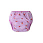 Pink checkered swim diaper with strawberry pattern on a white background