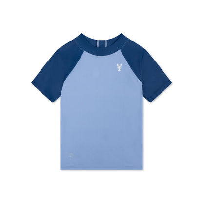 Blue and navy short-sleeve shirt with a small crab logo on a white background