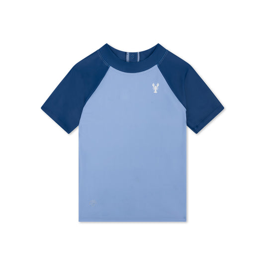 Blue and navy short-sleeve shirt with a small crab logo on a white background