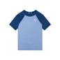 Blue and navy short-sleeve shirt with a small crab logo on a white background