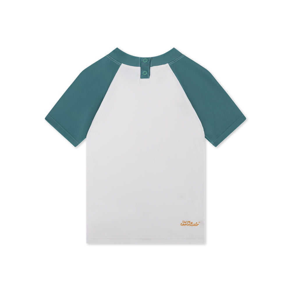 White t-shirt with teal sleeves on a white background