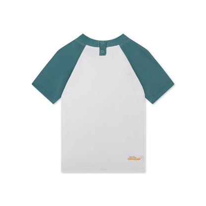 White t-shirt with teal sleeves on a white background