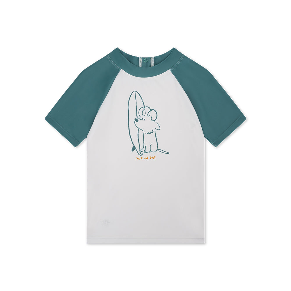 Children's swimming t-shirt with a dog cartoon and green sleeves on a white background
