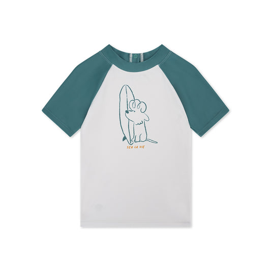Children's swimming t-shirt with a dog cartoon and green sleeves on a white background