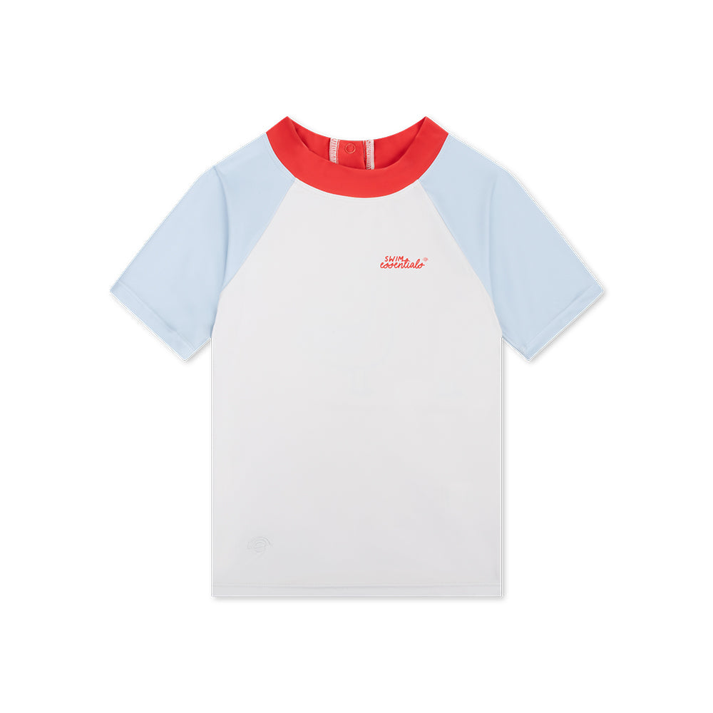 Children's t-shirt with red collar and light blue sleeves on a white background