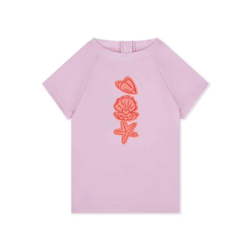 Pink t-shirt short-sleeve with orange shell designs on a white background