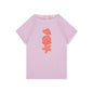 Pink t-shirt short-sleeve with orange shell designs on a white background