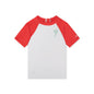 Red and white children's swimming t-shirt with a lobster design on a white background