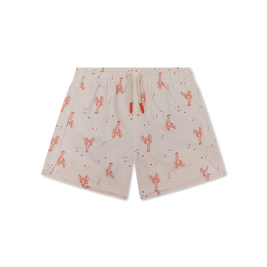Beige swim shorts with red lobster pattern on a white background