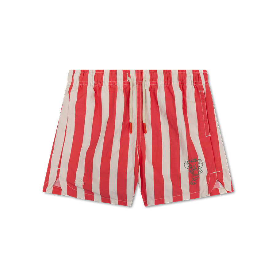 Red and white striped swim shorts on a white background