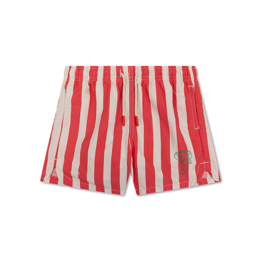 Red and white striped swim shorts on a white background