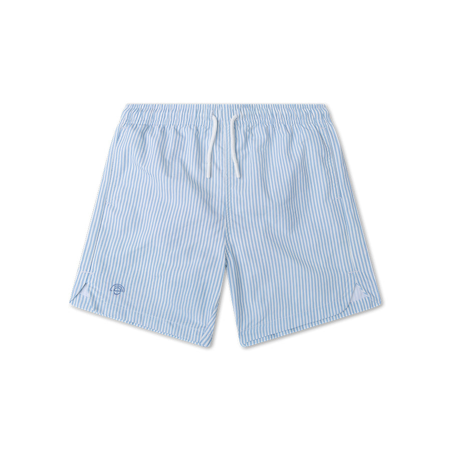 Light blue striped swim shorts on a white background