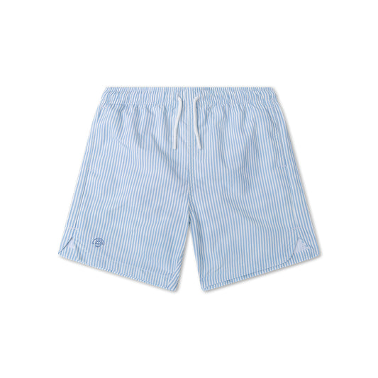 Light blue striped swim shorts on a white background