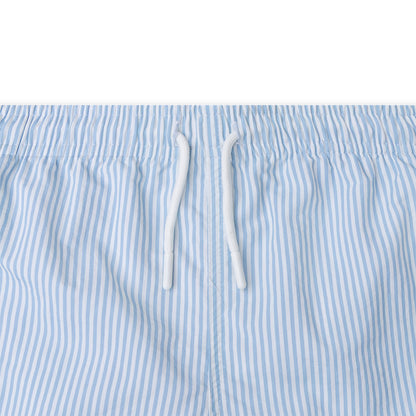 Close-up of blue and white striped swim short with drawstrings on a white background