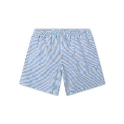 The back of blue and white striped swim shorts on a white background