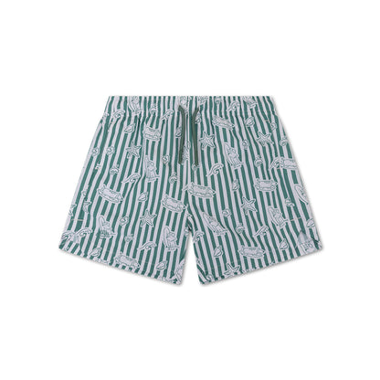 Green and white striped swim shorts with animal pattern on a white background