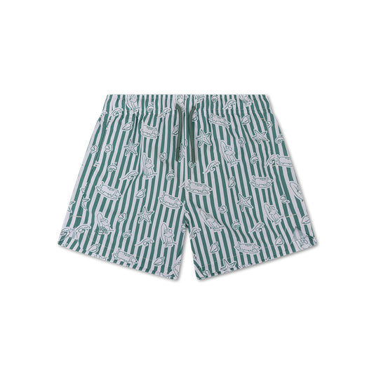 Green and white striped swim shorts with animal pattern on a white background