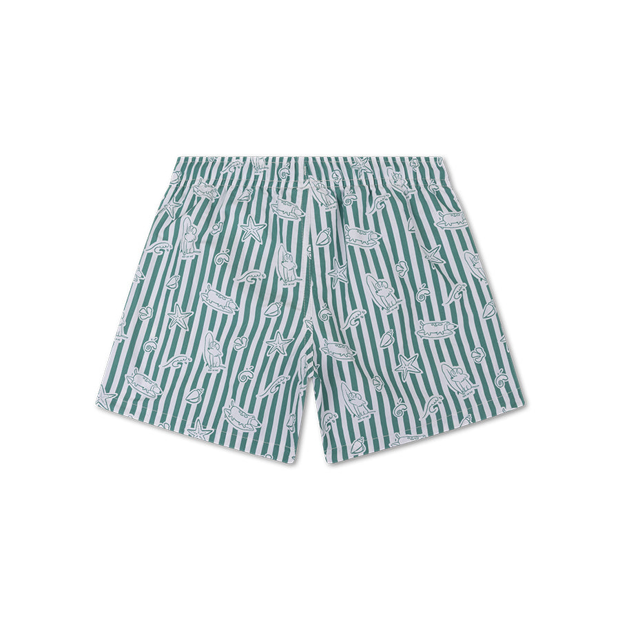 The back of green and white striped swim shorts with animal pattern on a white background