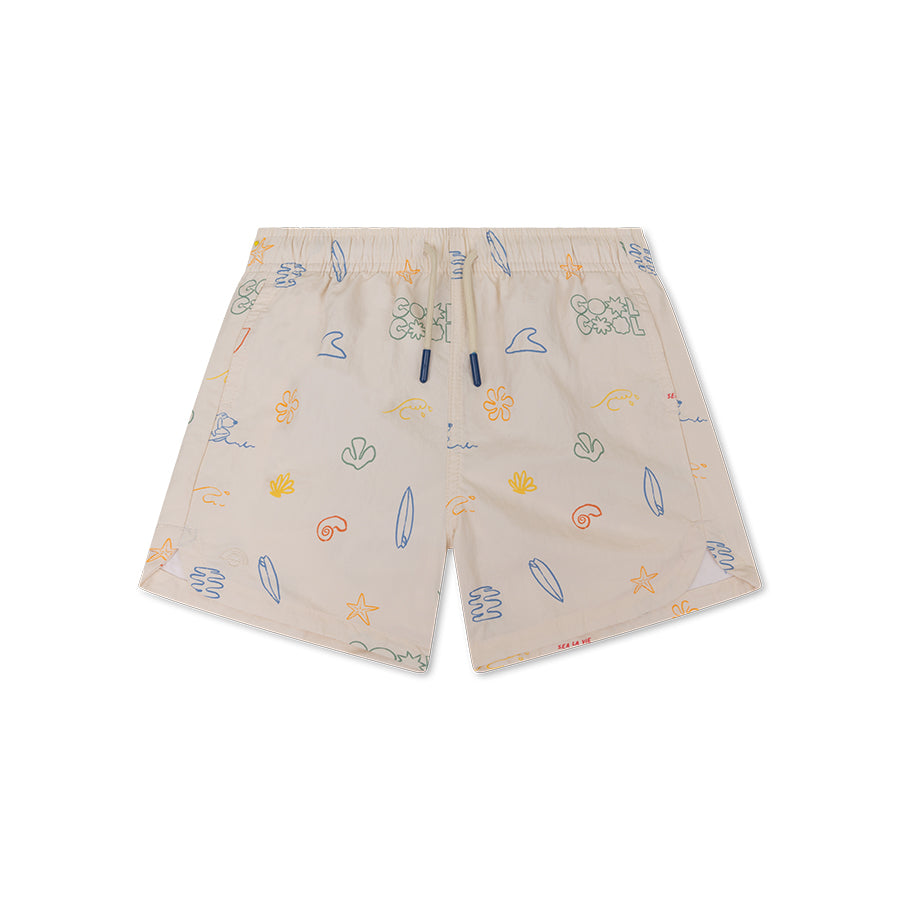 Beige swim shorts with colorful patterns on a white background