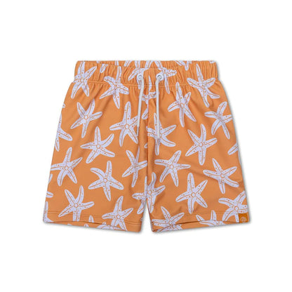 Orange swim shorts with a white seastar print