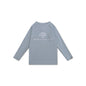 Blue  long-sleeve swimming shirt with white 'Swim Essentials' logo on a white background