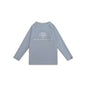 Light blue long-sleeve swimming shirt with a Swim Essentials logo on a white background