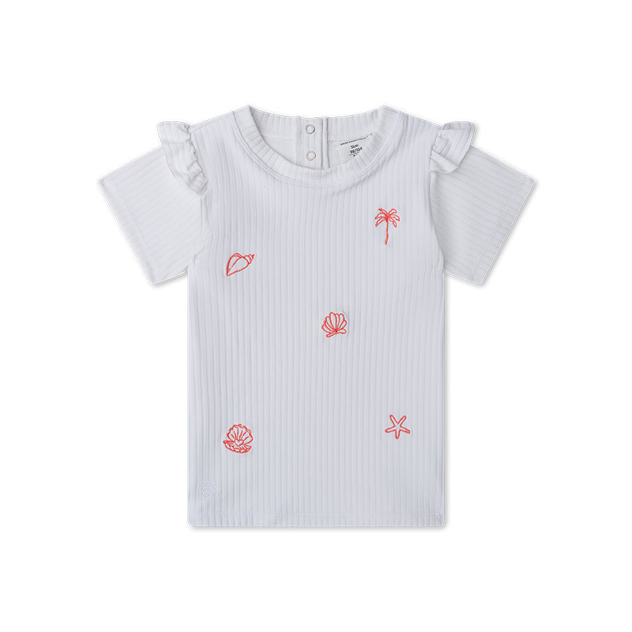 White ribbed children t-shirt with red Shell and Palm tree designs on a white background