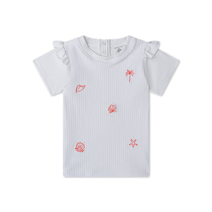 White ribbed children t-shirt with red Shell and Palm tree designs on a white background