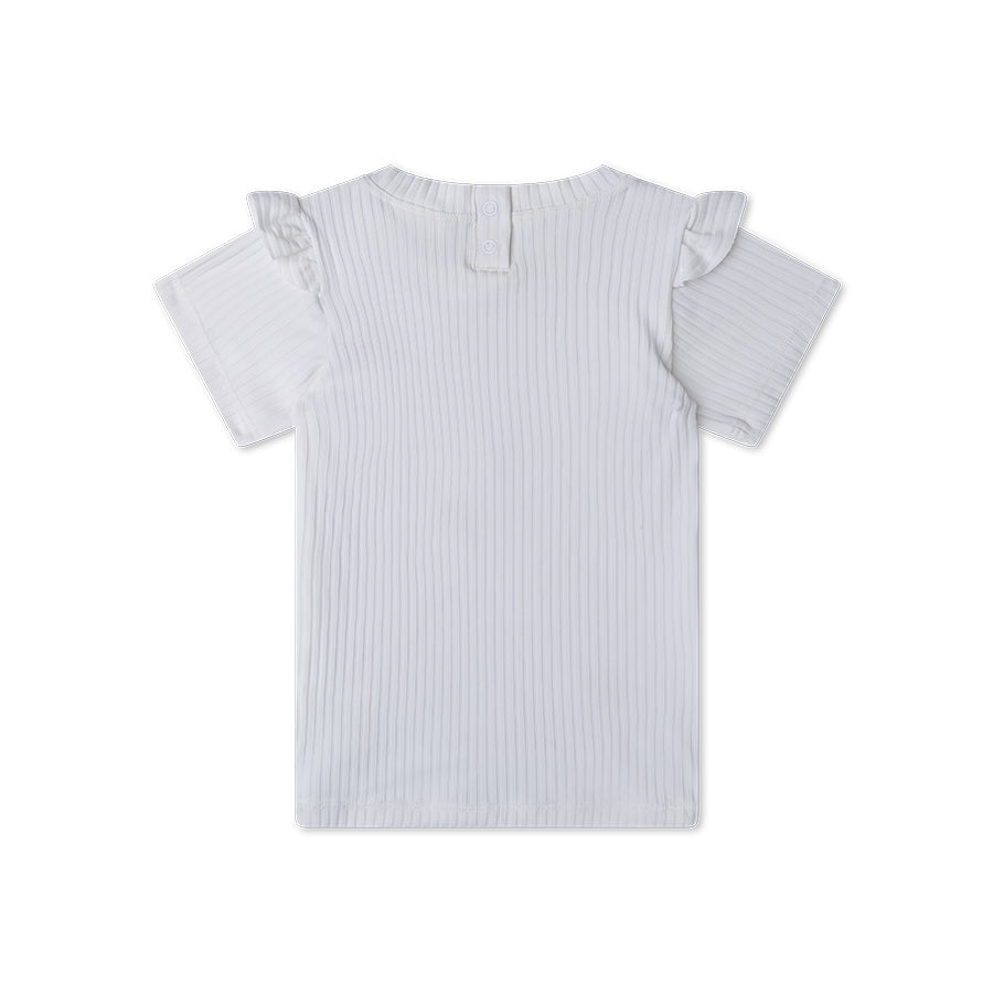 White swim t-shirt with ruffled sleeves on a white background