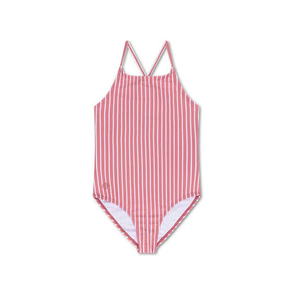 Red and white striped swimsuit on a white background