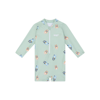 Light green Bluey children's swimsuit with cartoon dog pattern on a white background