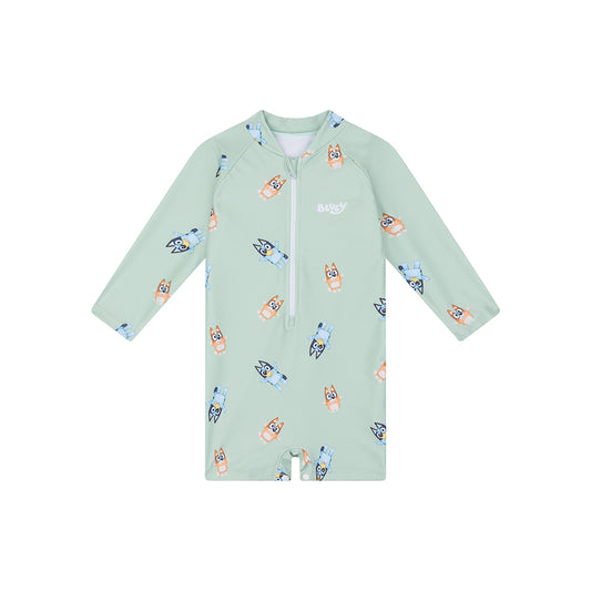 Light green Bluey children's swimsuit with cartoon dog pattern on a white background