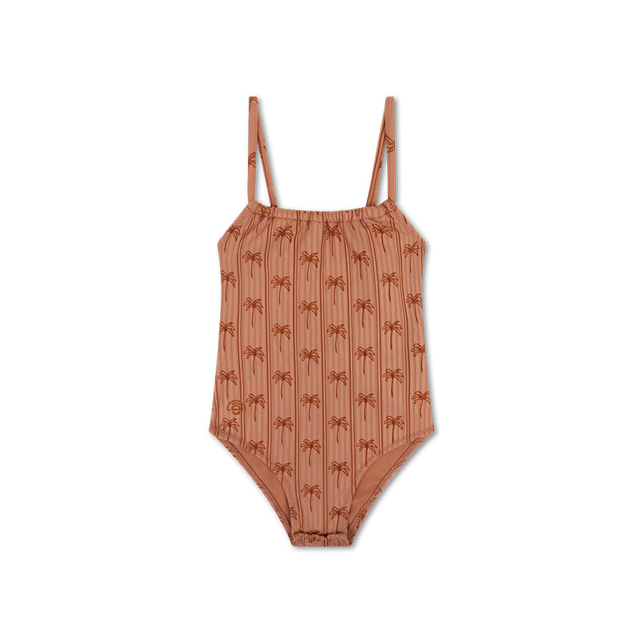 Brown one-piece swimsuit with palm tree pattern on a white background