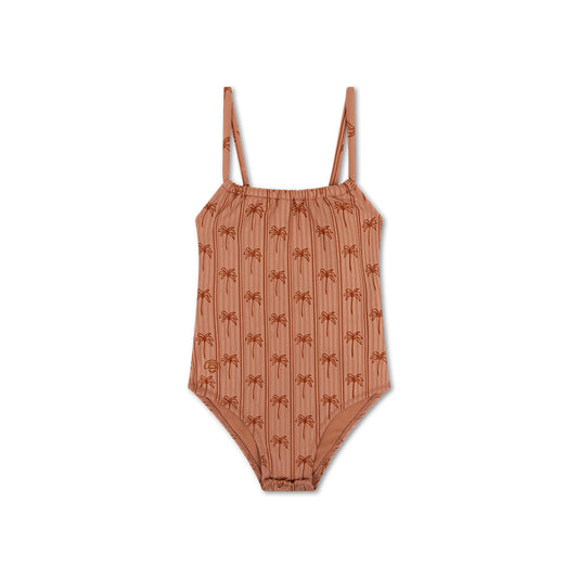 Brown one-piece swimsuit with palm tree pattern on a white background