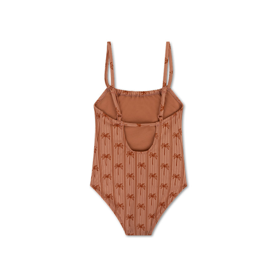Brown one-piece swimsuit with a pattern on a white background